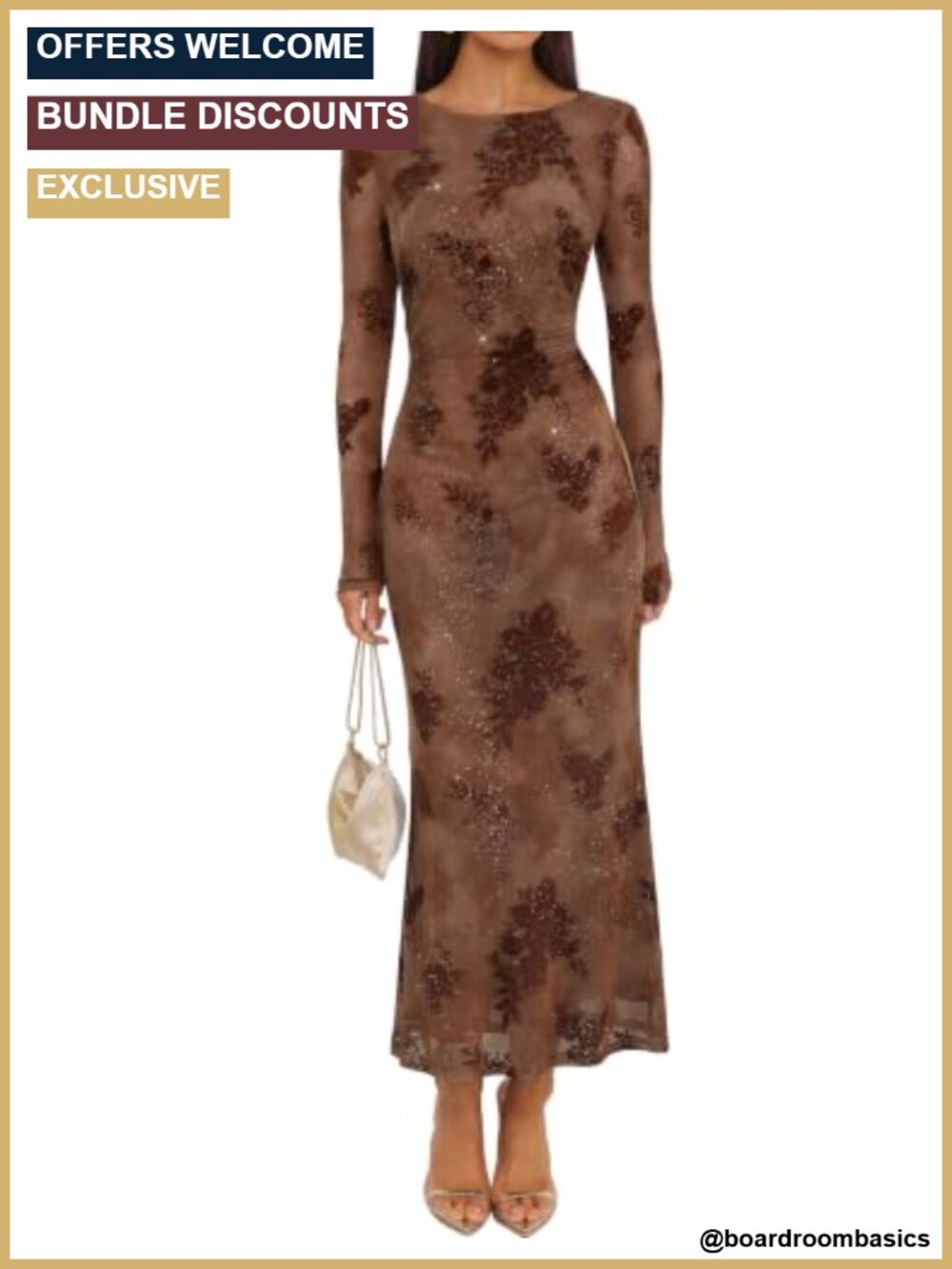 Floral Stretch Mesh Long Sleeve Maxi Dress Ruched Crew Neck Wedding Guest